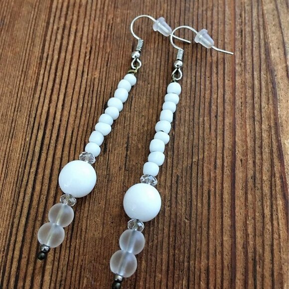 *White Beaded Long Dangle Earrings / Handmade Ladies Earrings - Picture 1 of 2